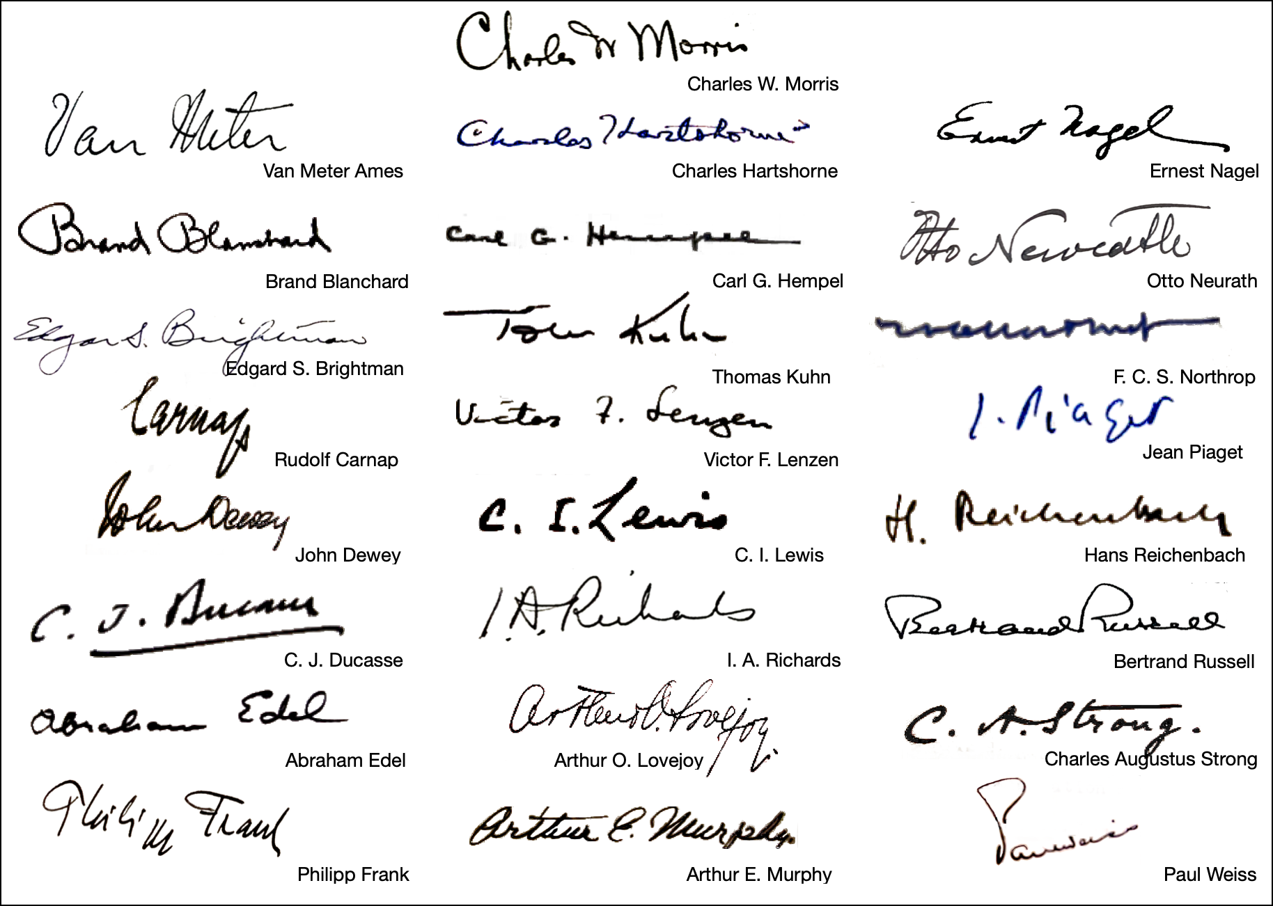 picture showing the signatures of 25 20th century philosophers that have agreed to back the 15M campaign posthumously.